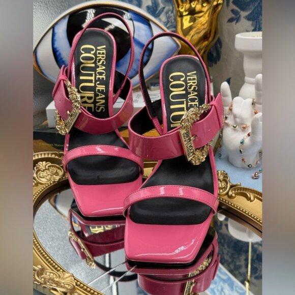 🆕 VERSACE JEANS COUTURE 🧿 NWOB Pink Buckle-Fastening Heeled Sandals Sz 37 US 7 - Picture 7 of 13